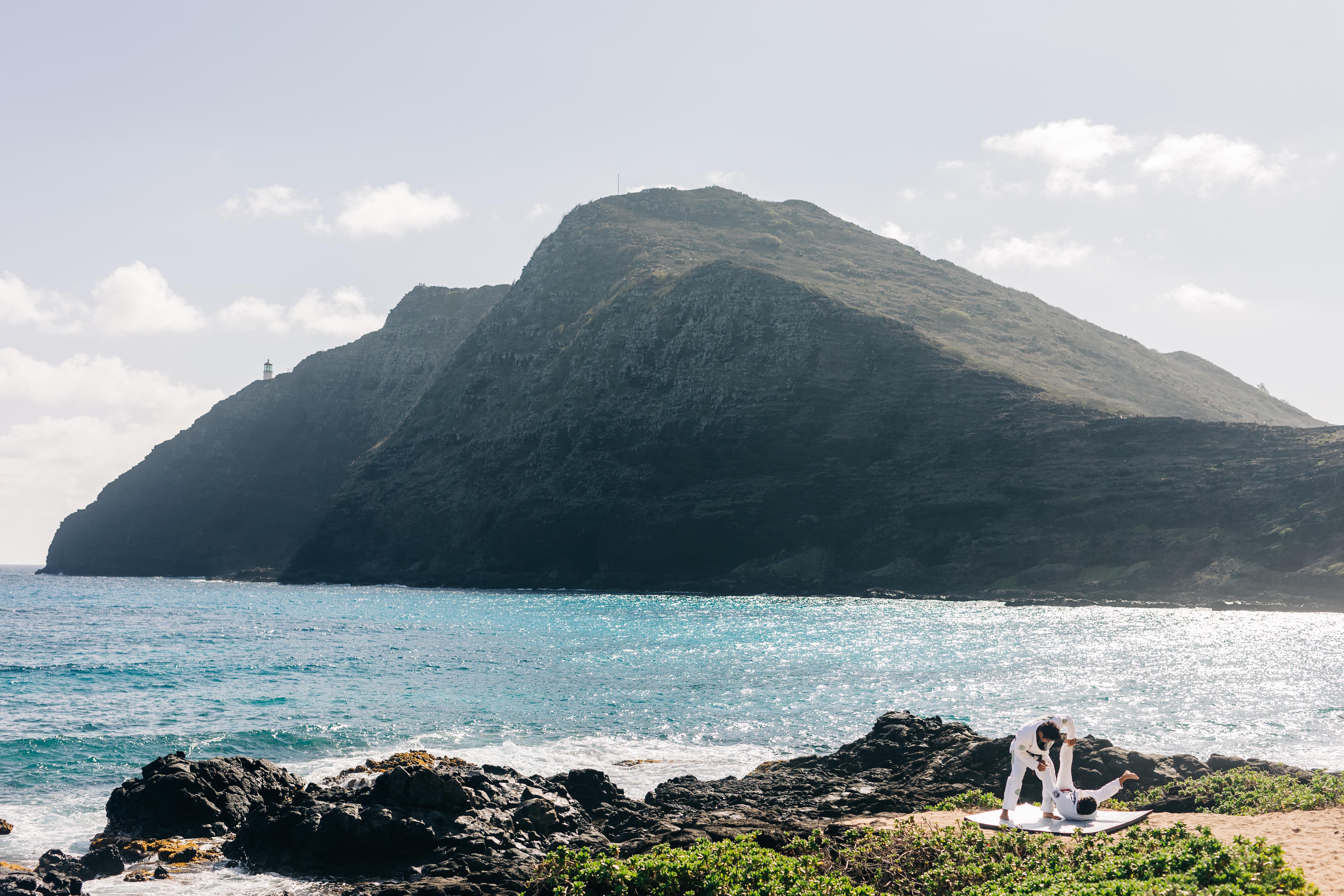 Jiu-jitsu training on the rocks at Makapu'u, O'ahu